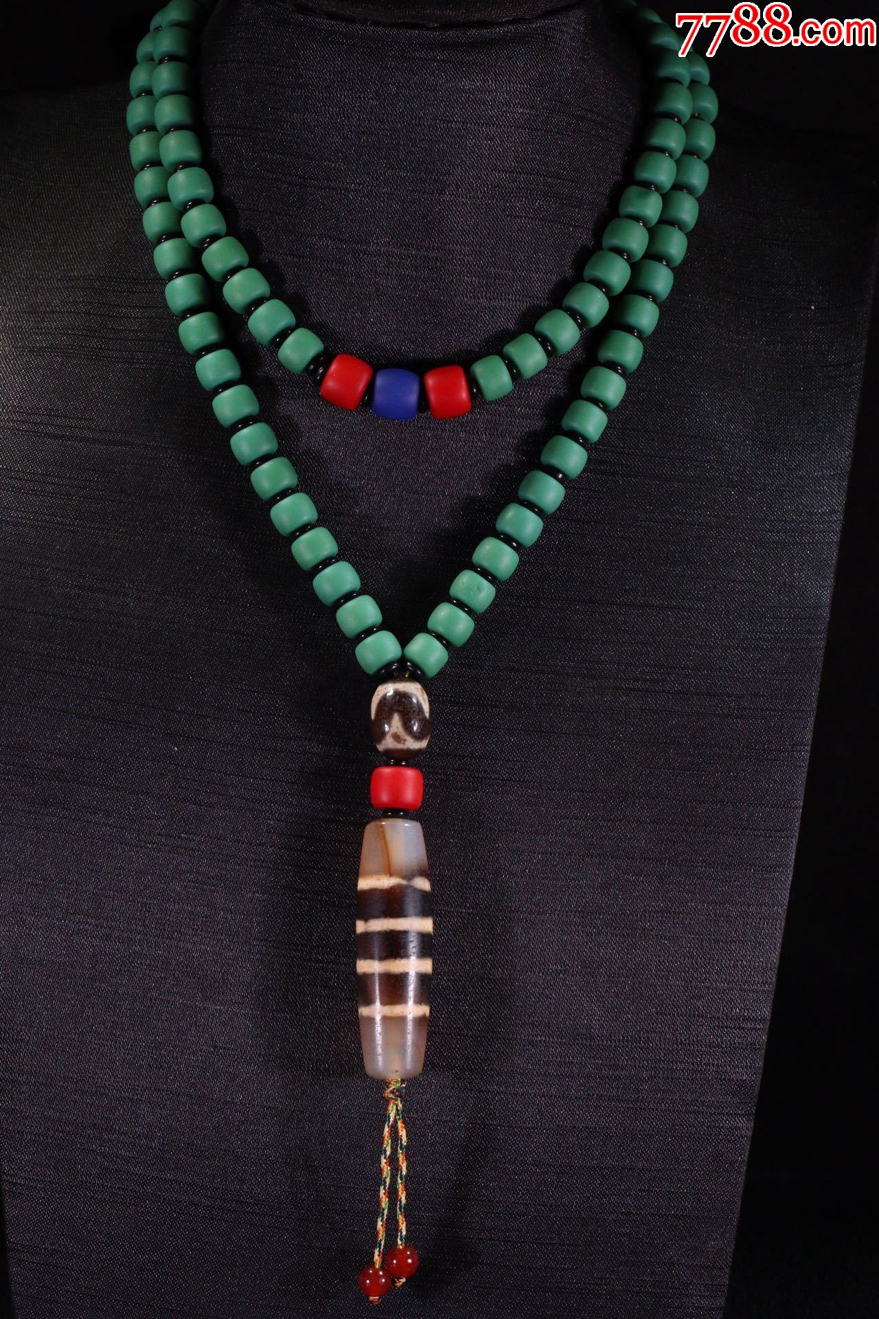 藏传精品天珠旁系线珠绿雪巴桶珠链