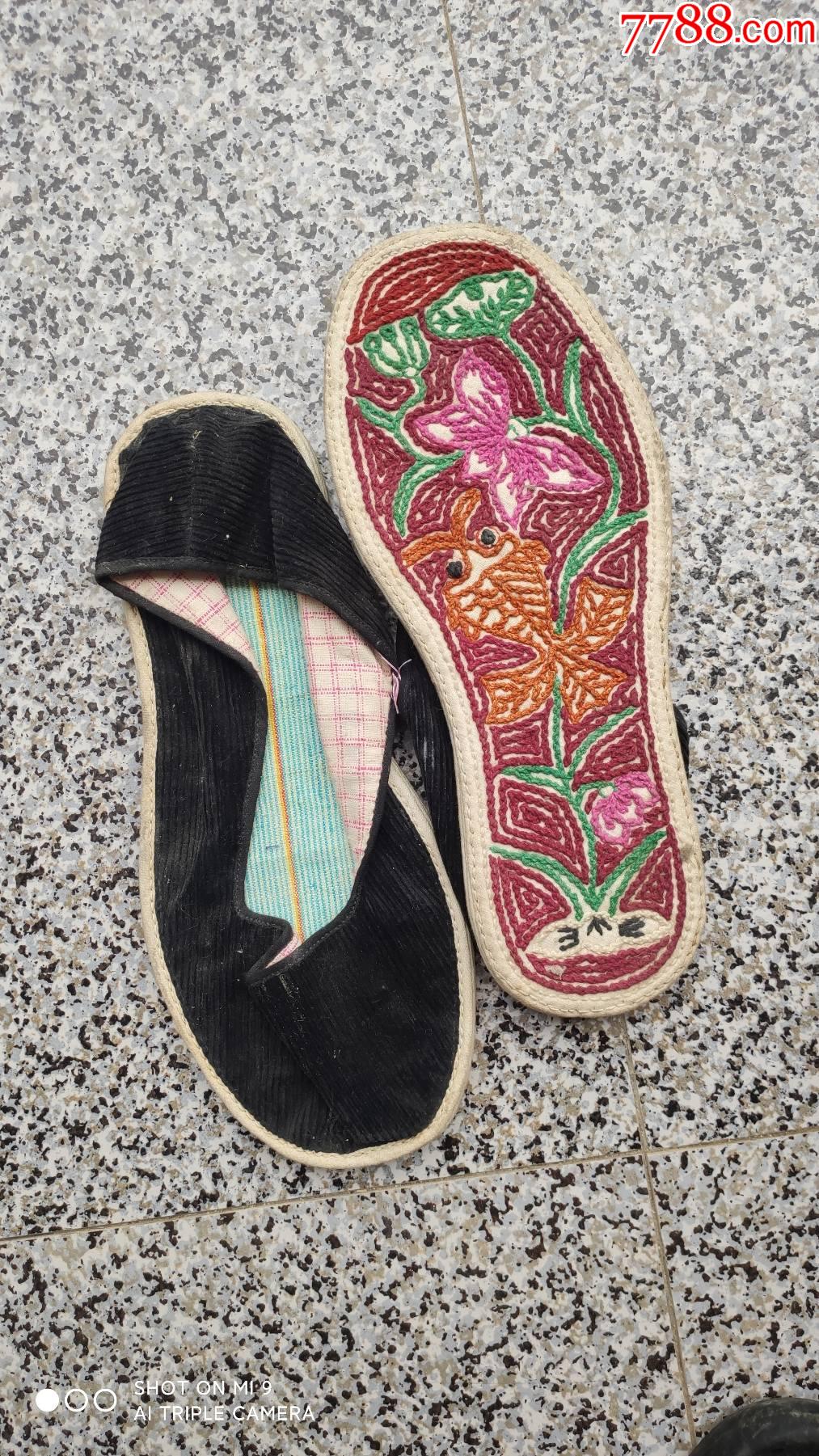 男女鞋靴旧鞋老式样方口鞋手纳千层底花样图案黑色灯芯绒面26厘米42码