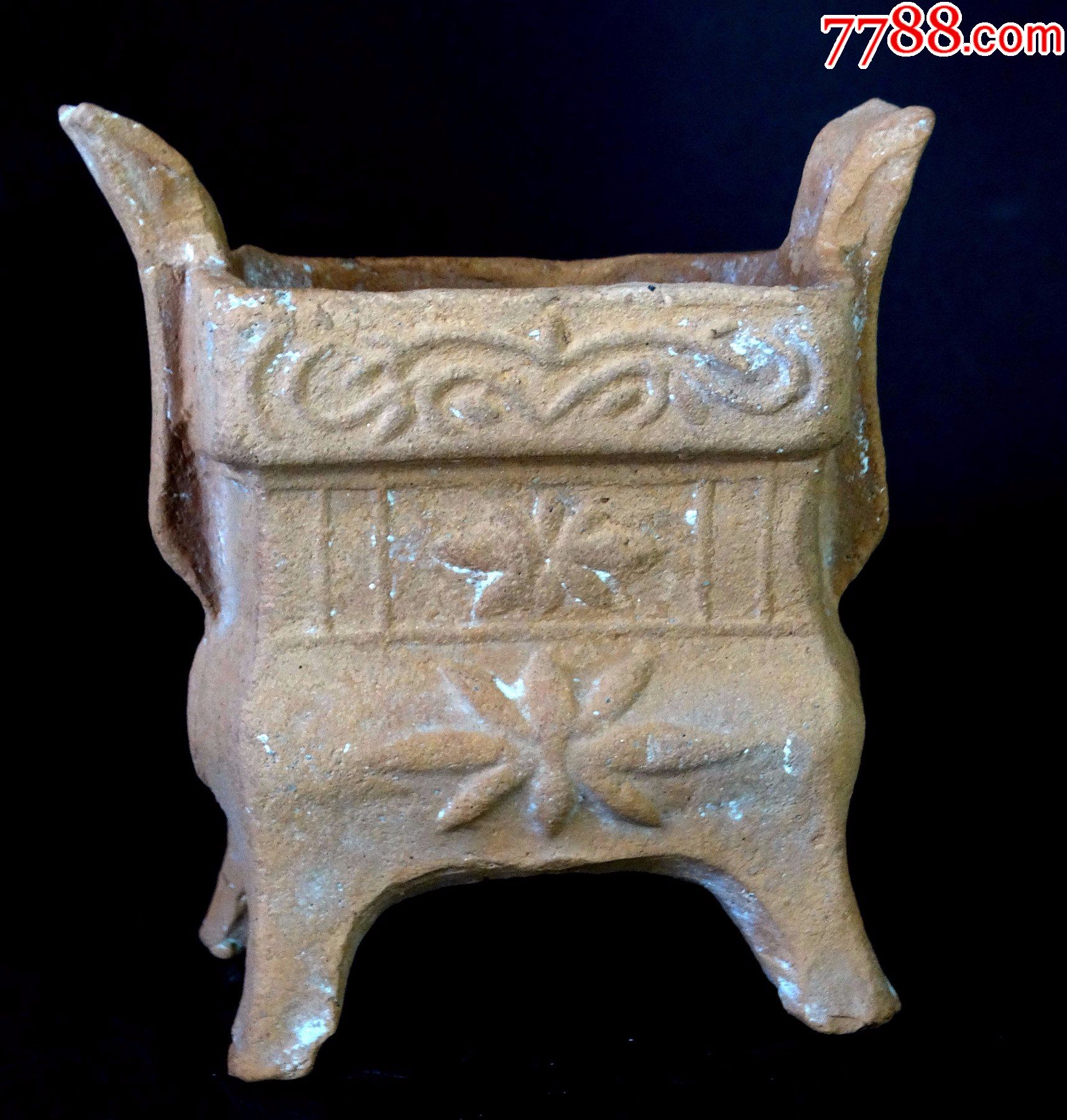 119古玩古董老货真品藏唐宋代福建洪唐窑素胎塑花双耳四足鼎式炉