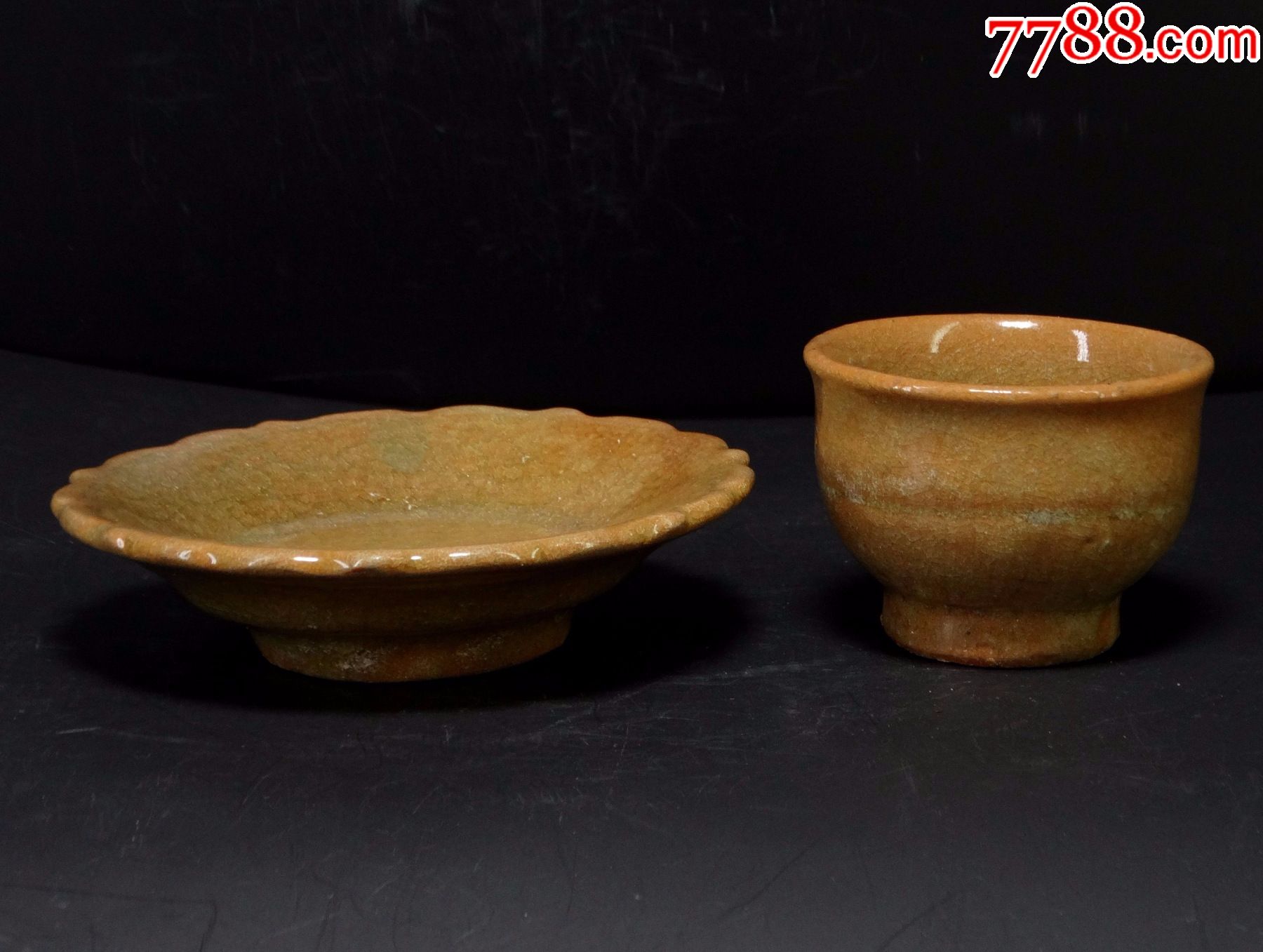 120古玩古董高保老包真元代末明代初浙江大窑口龙泉黄釉花口杯盏