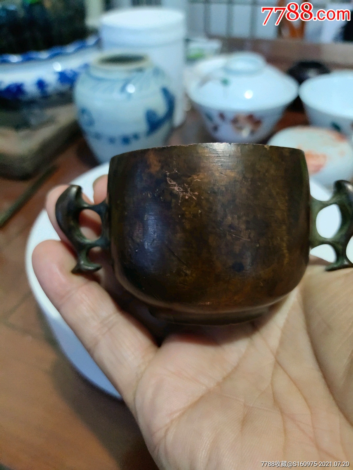 漂亮清代双耳小铜炉,永世珍玩款,10.5*3.