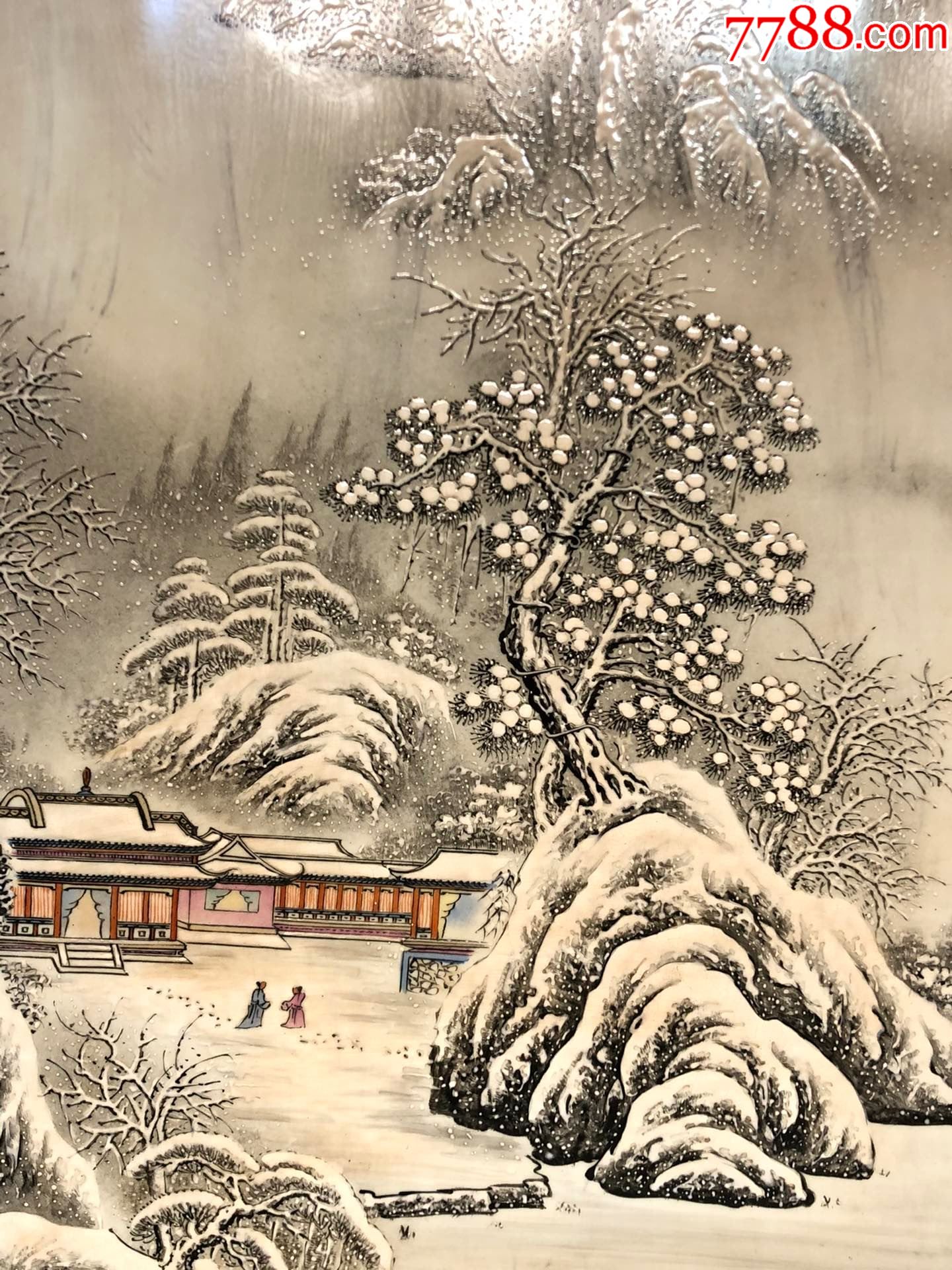 精品红木雕刻老框镶瓷板画手绘粉彩雪景【踏雪访友】四条挂屏