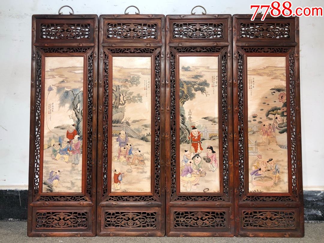 作品黄花梨雕刻老框镶瓷板画粉彩五子凳科四条挂屏-木屏风-7788字画网