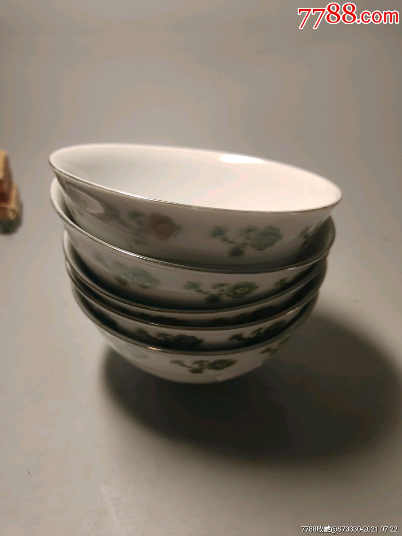 80年代左右湖南石湾窑绿花小碗5只