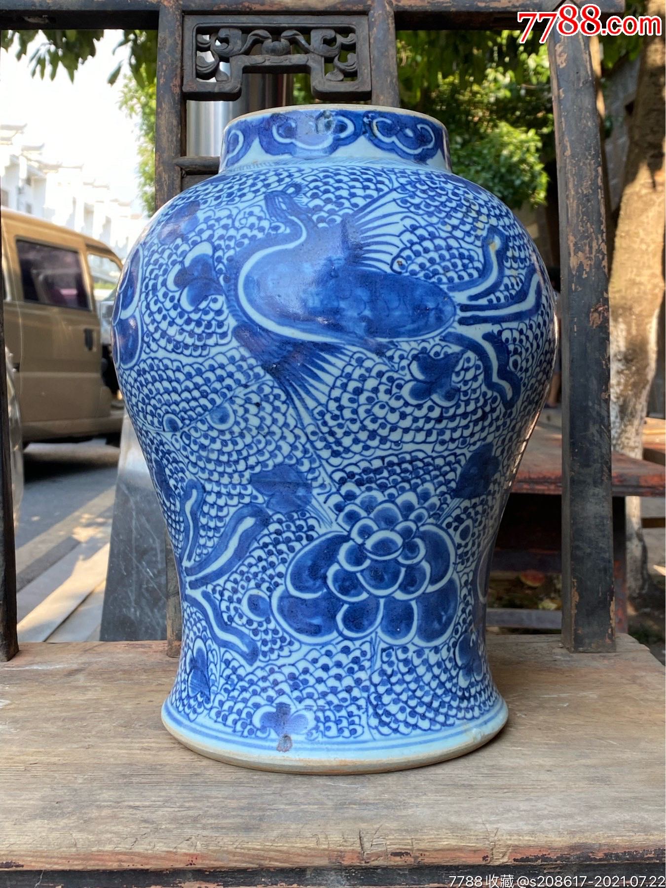 清朝(凤穿牡丹青花将军罐)无盖大号