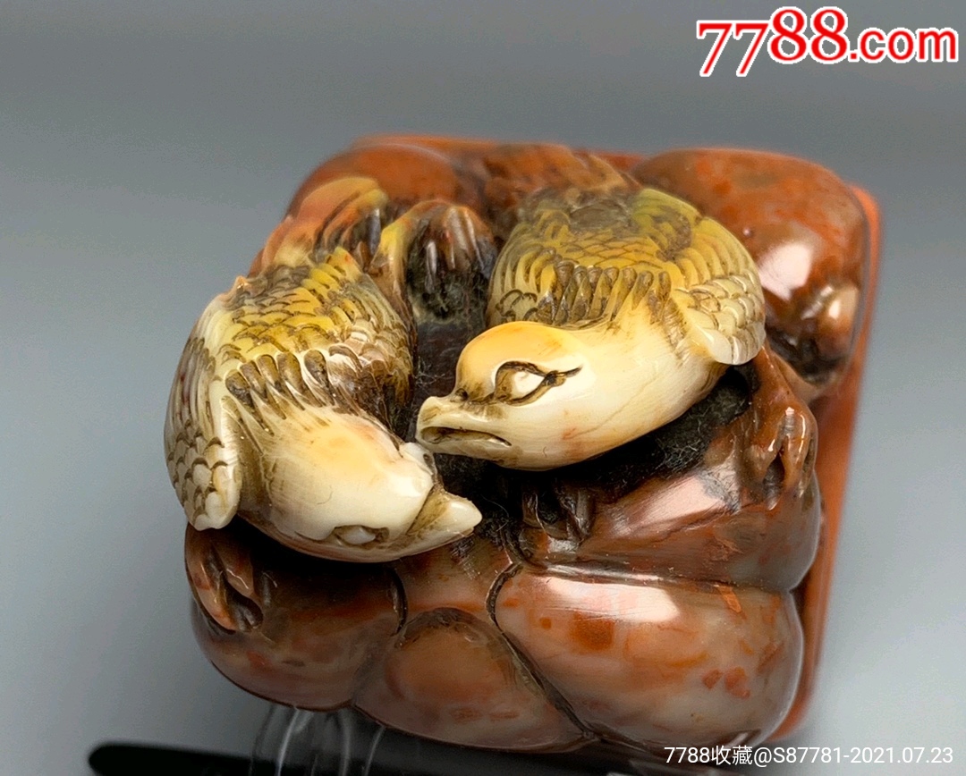 旧藏珍品原石纯手工雕刻寿山石印章.琴瑟和鸣,一心一意