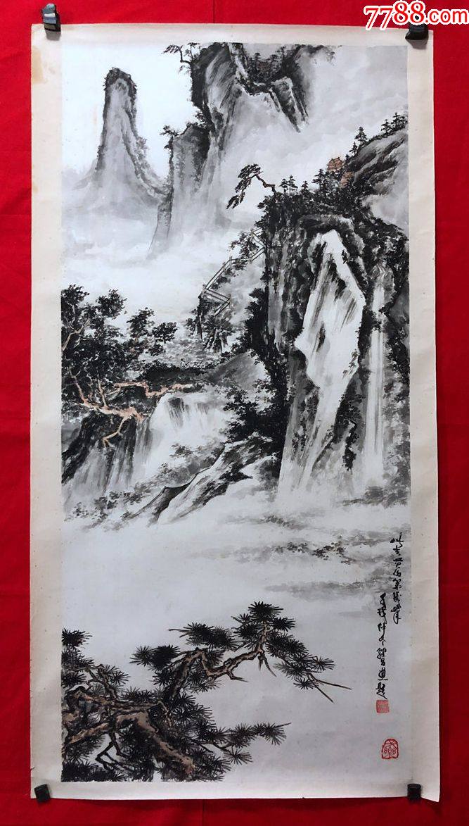 书画13611【沈继昌】山水画,托片,尺寸约为99*45厘米