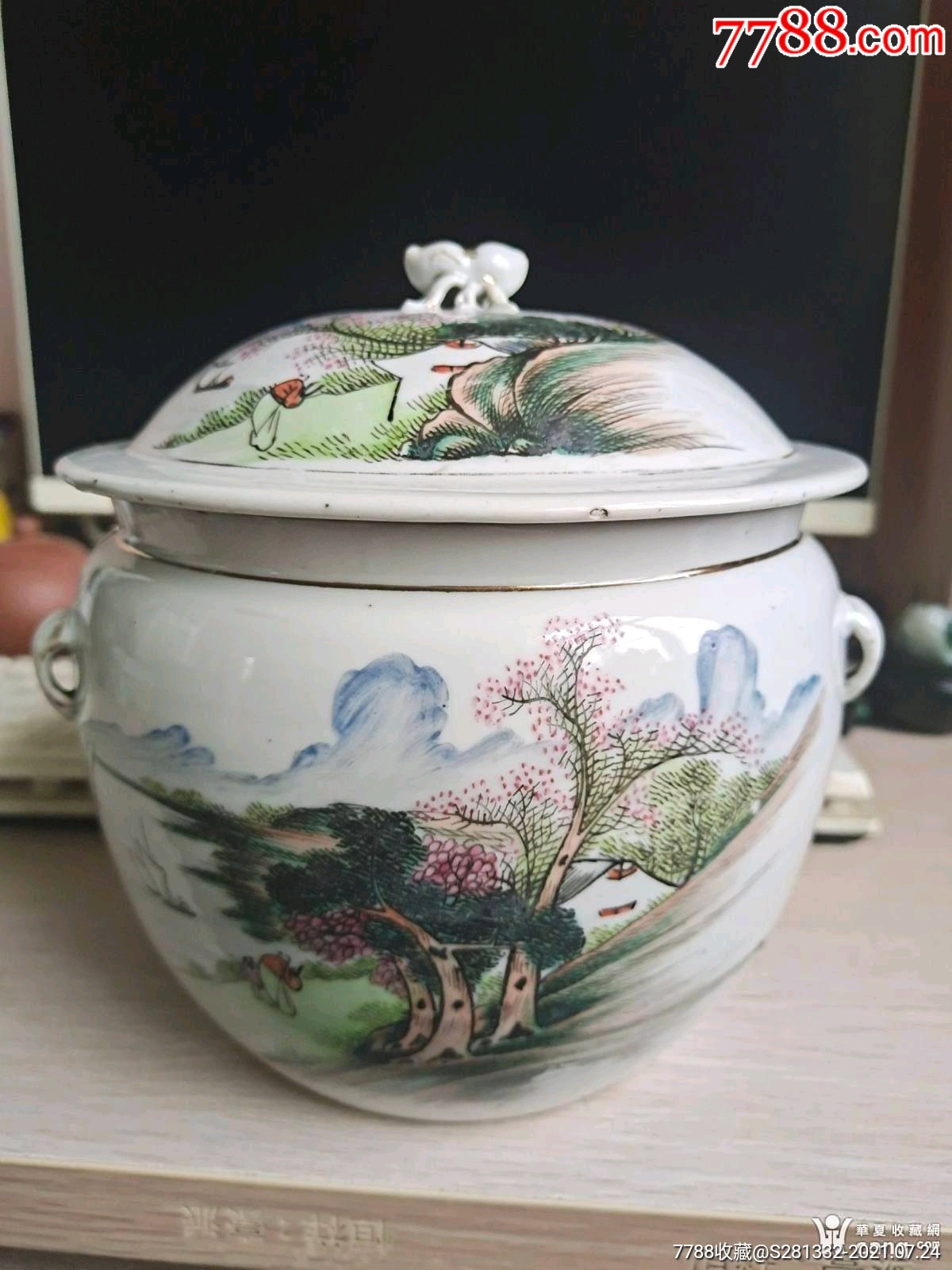 民国浅绛彩山水粥罐一个