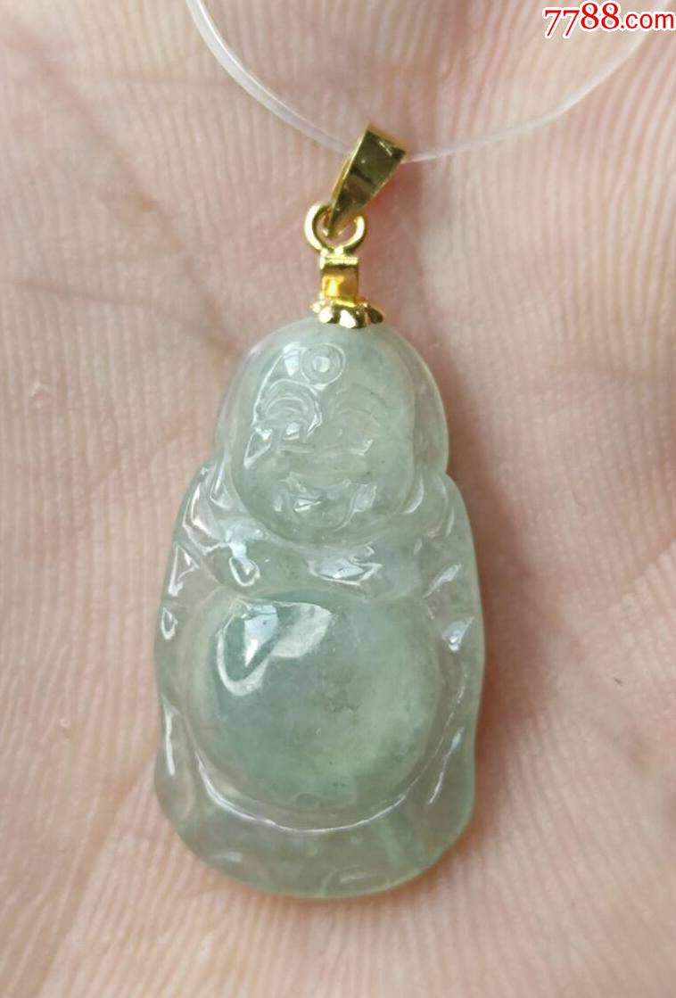 翡翠佛公站佛公绿底起冰18k金扣头