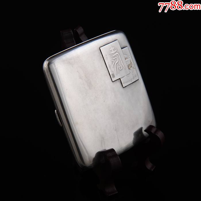 约80克日本950纯银风雅寿石风景纹随身小烟盒西洋古董银器