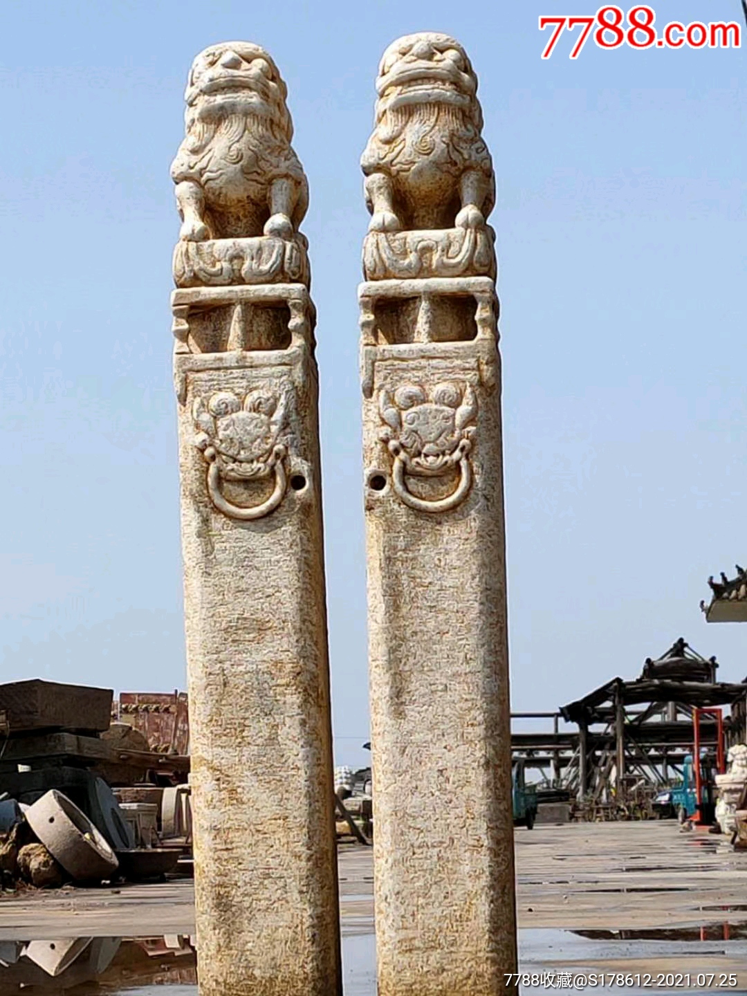 清代汉白玉栓马桩一对纯手工雕刻刻工狮子活龙活现栩栩如生全品如图