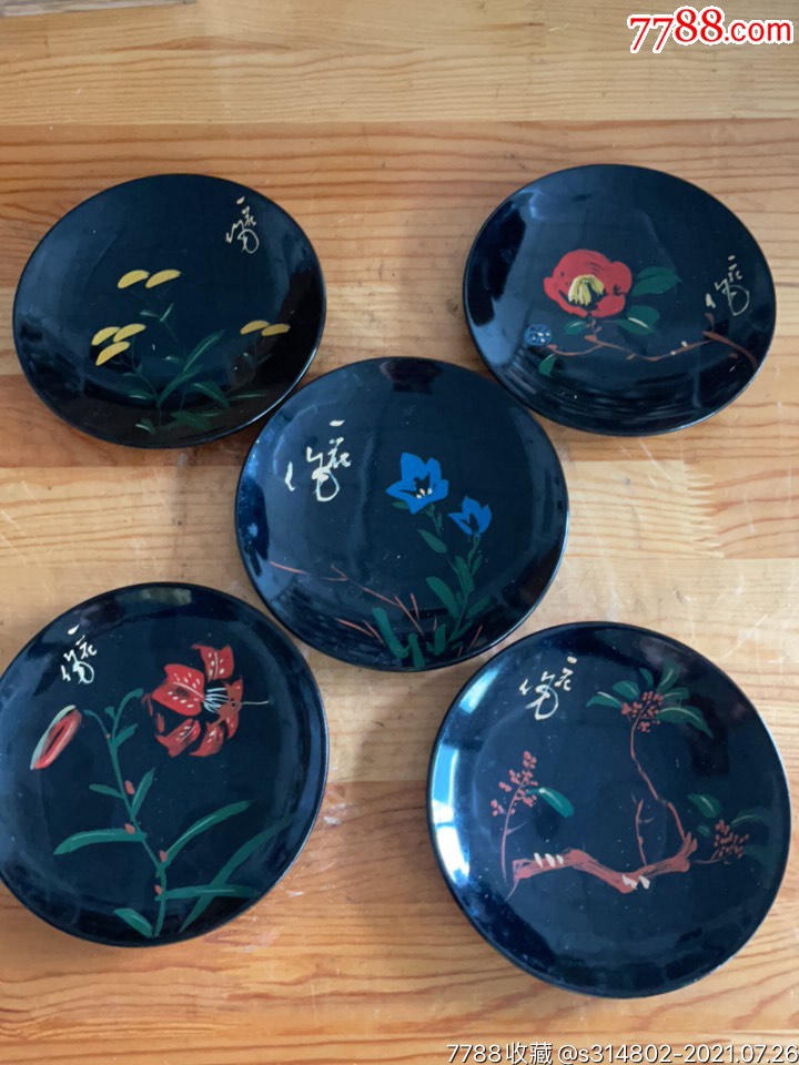 日本实木漆器手绘花盘碟一套