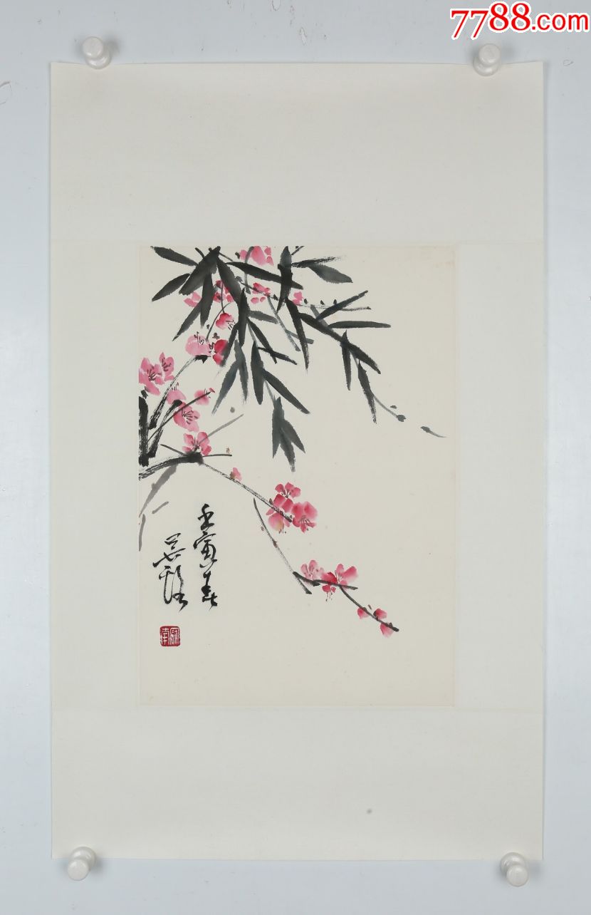 当代江苏写意花鸟画名家吴冠南桃花夹竹纸本镜片