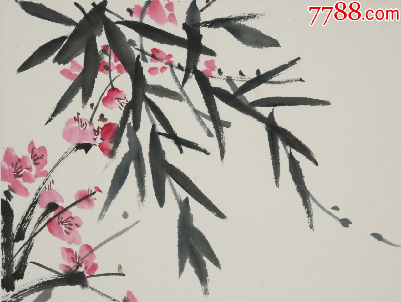 当代江苏写意花鸟画名家吴冠南桃花夹竹纸本镜片