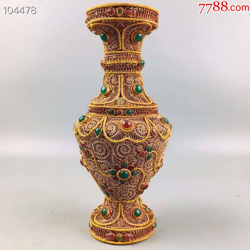 尼泊尔收藏银纯手工打造掐丝镶嵌宝石花瓶