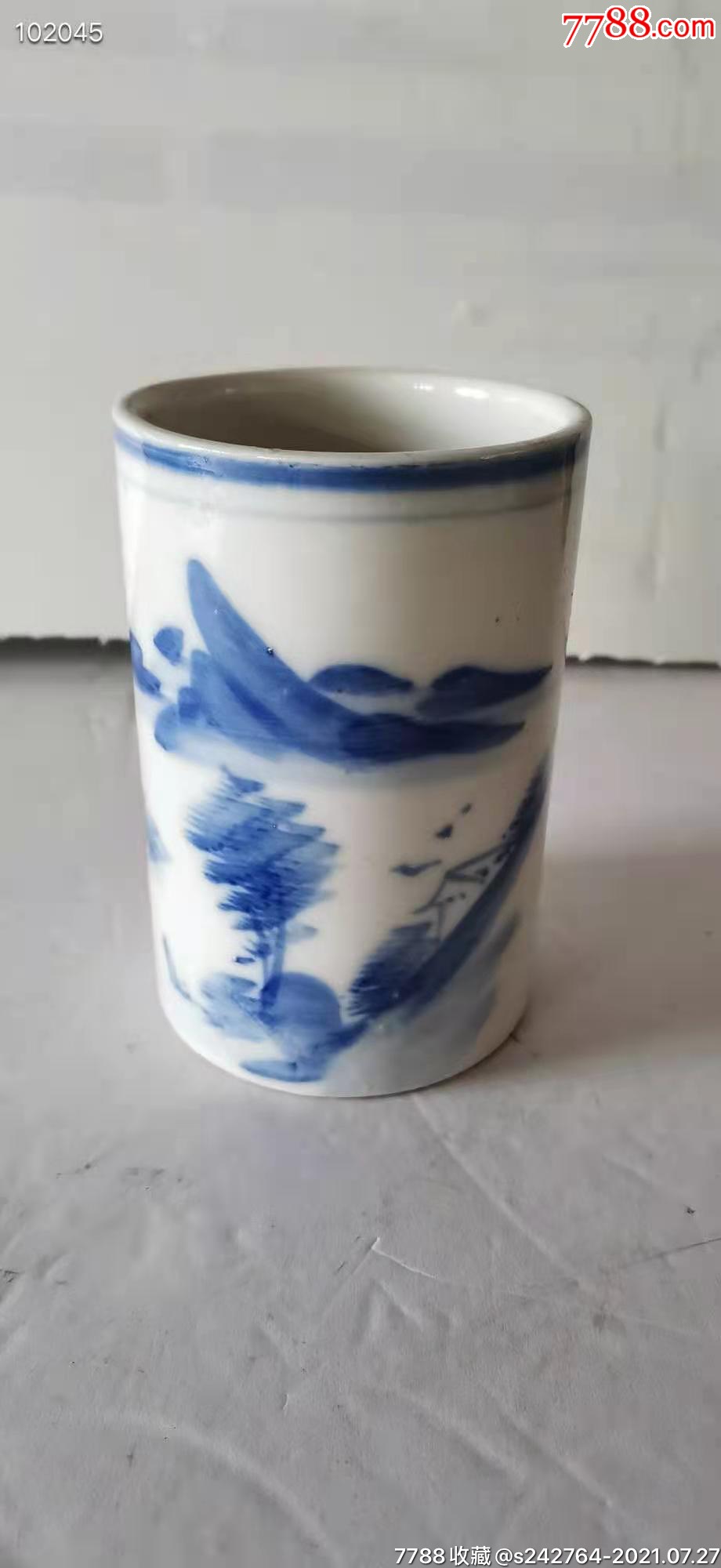民国时期青花山水笔筒完整如图包老包真