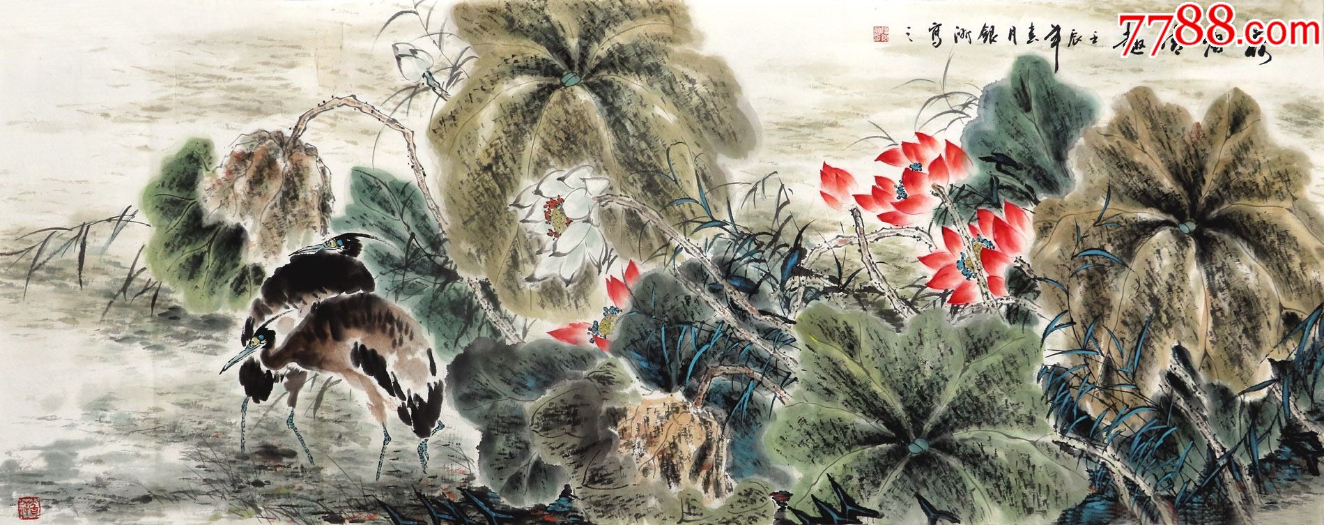 阳银洲小六尺白鹭荷花05_花鸟国画原作_作品欣赏_收藏价值_7788字画网