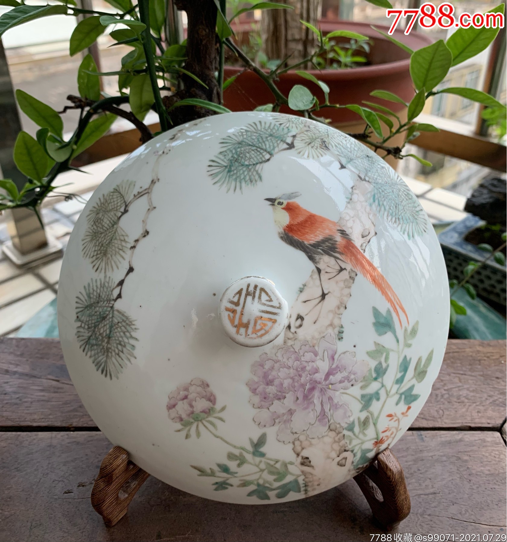 光绪浅绛彩名家任焕章风格花鸟盖