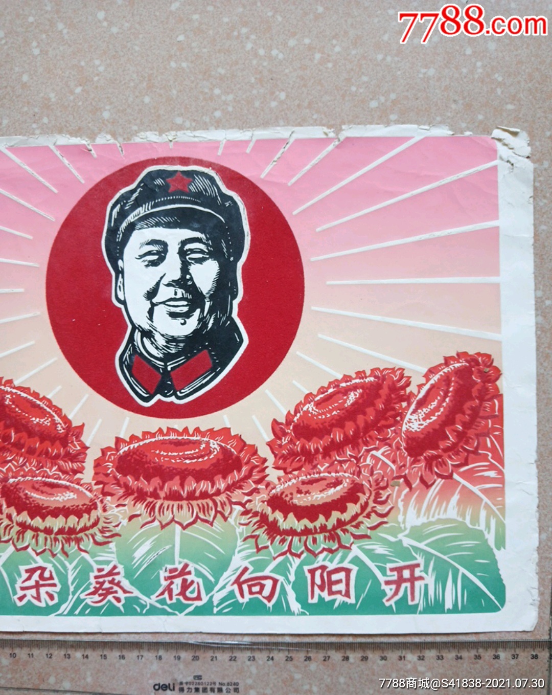 文革植绒宣传画朵朵葵花向阳开