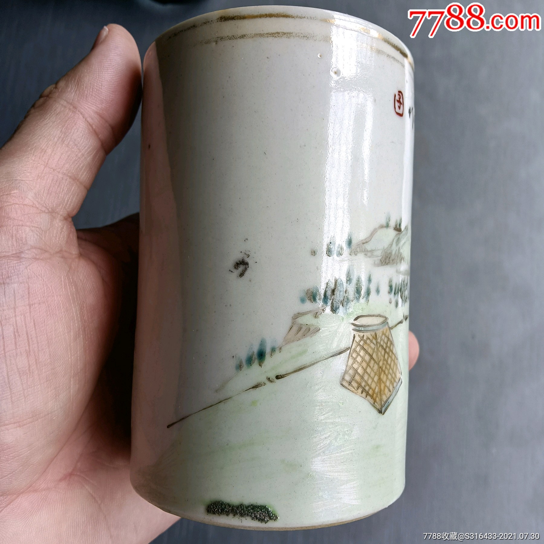 清末名家江子钰款浅绛彩人物笔筒