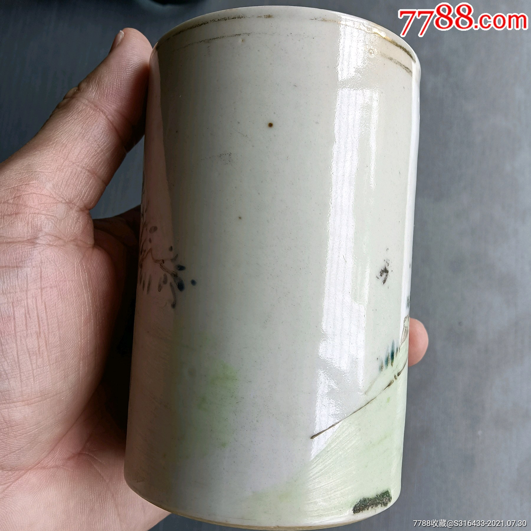 清末名家江子钰款浅绛彩人物笔筒