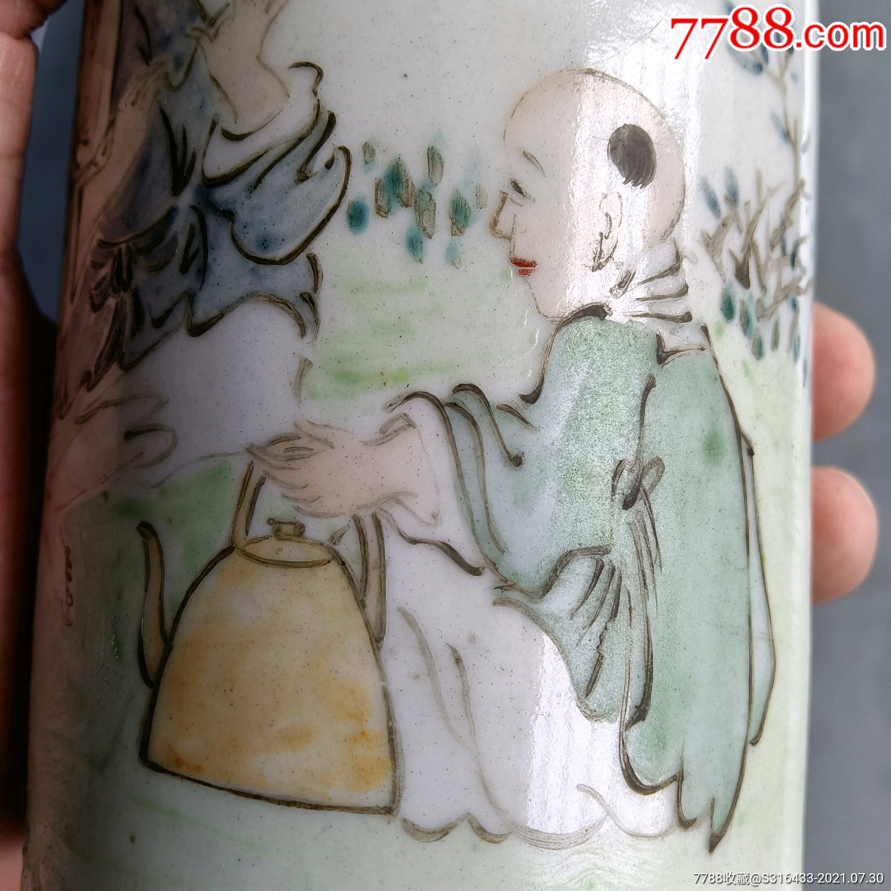 清末名家江子钰款浅绛彩人物笔筒