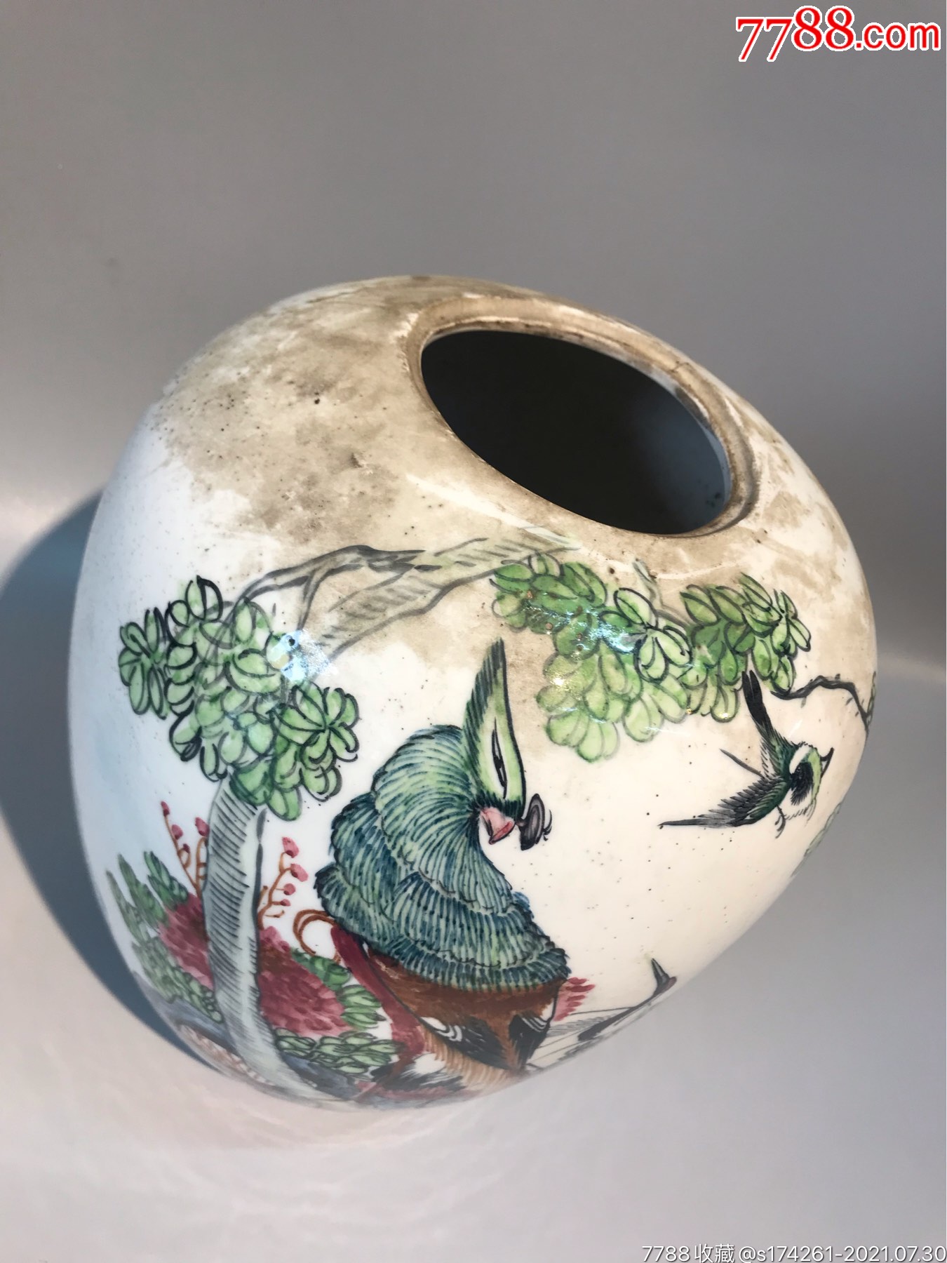 一线收获原土原味原包浆完整民国启新瓷厂釉下彩凤穿牡丹富贵白头罐