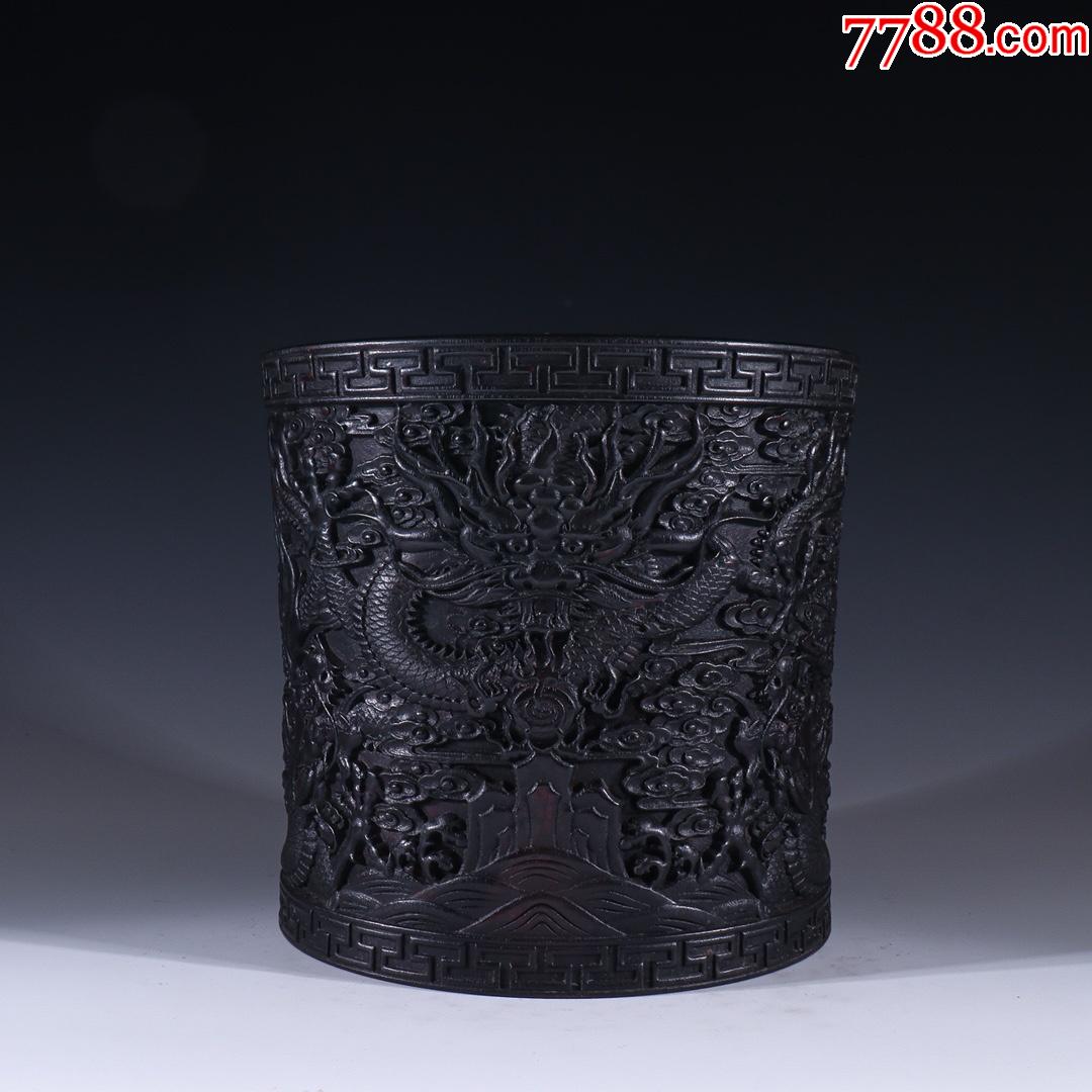 紫檀木五龙戏珠笔筒