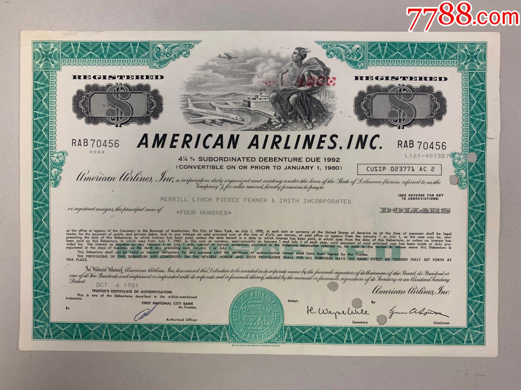 债券收藏:美国航空公司债券(世界500强)绿色版