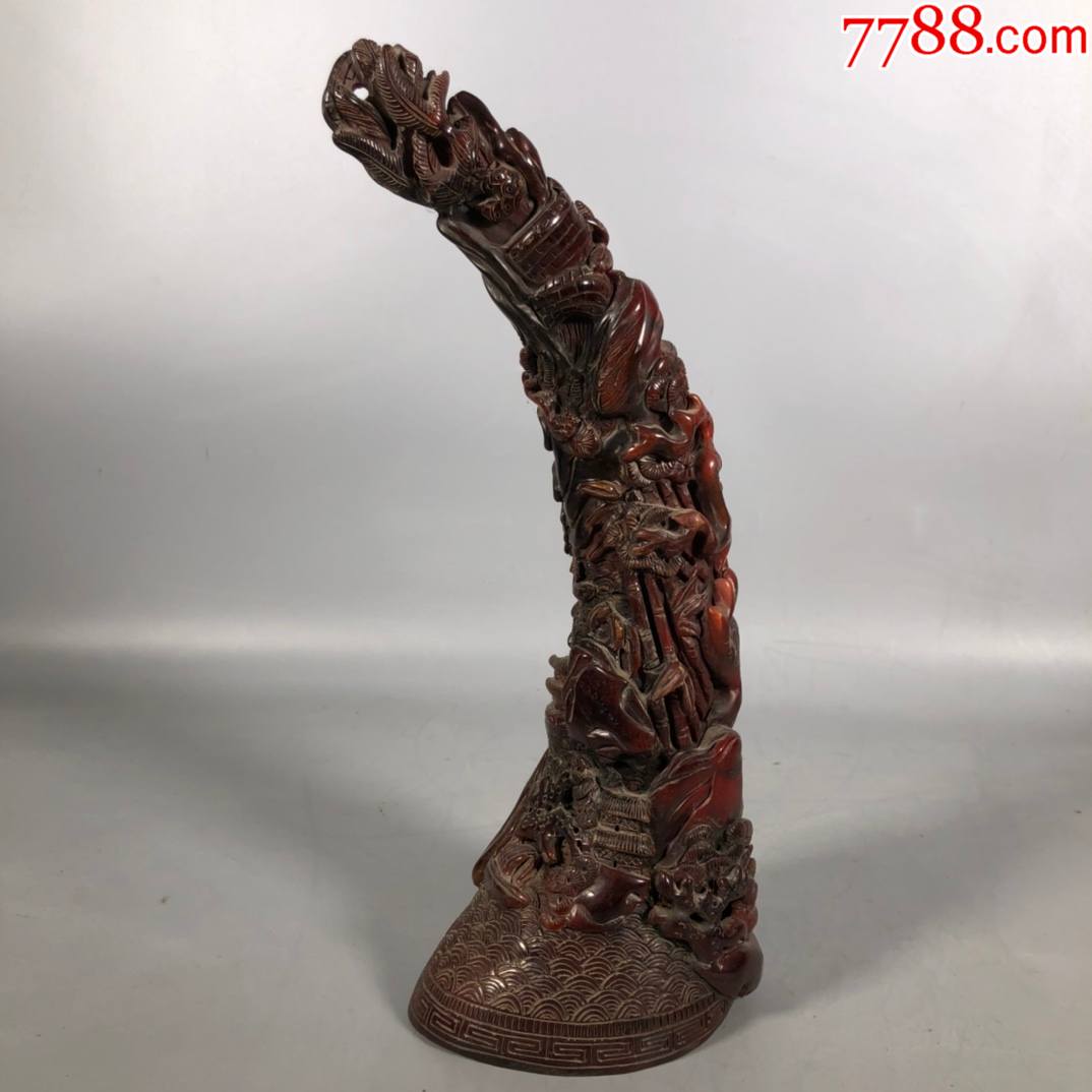 民藏牛角手工雕刻山水牛角尖摆件