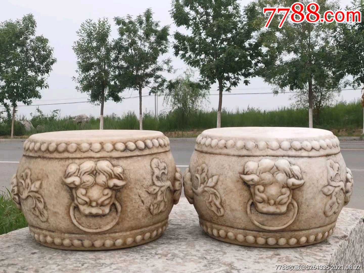 清末汉白玉石鼓一对,全品如图,酒店,会所,客厅,雅室