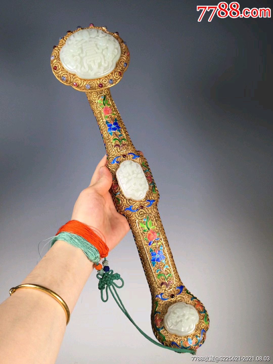 纯银鎏金烧蓝花丝镶嵌和田玉天然红蓝宝石福寿双全如意