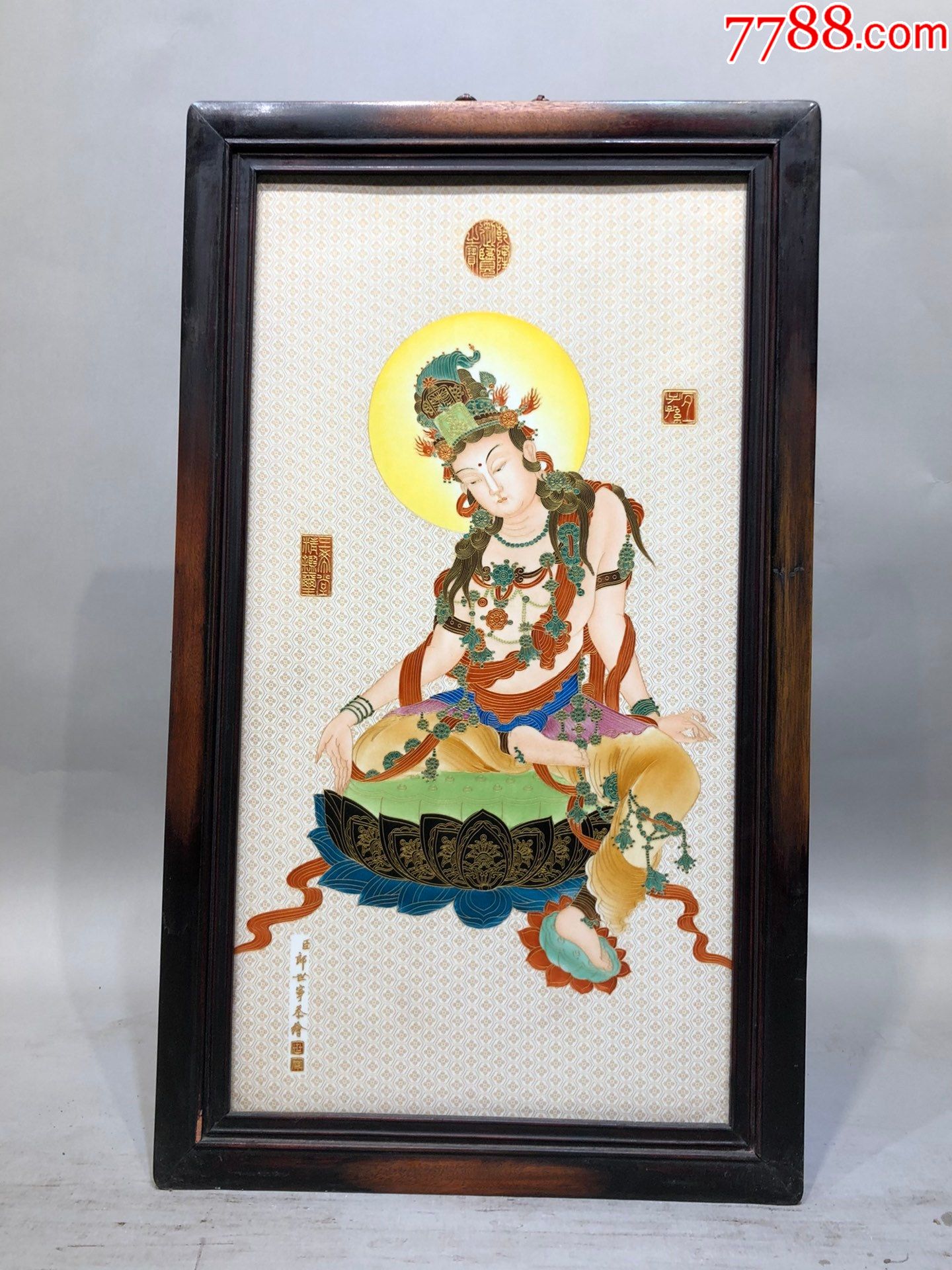 精品丁观鹏小叶紫檀老框镶瓷板画,白底手绘掐金丝珐琅,唐卡挂屏