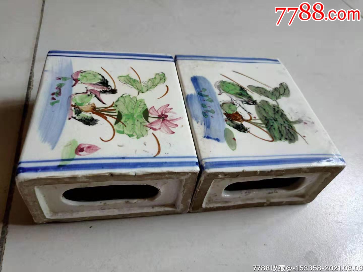 民国手绘鸳鸯花草老脉枕一对