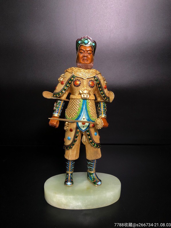 建国初期纯银鎏金烧蓝嵌松石武神秦琼人物摆件