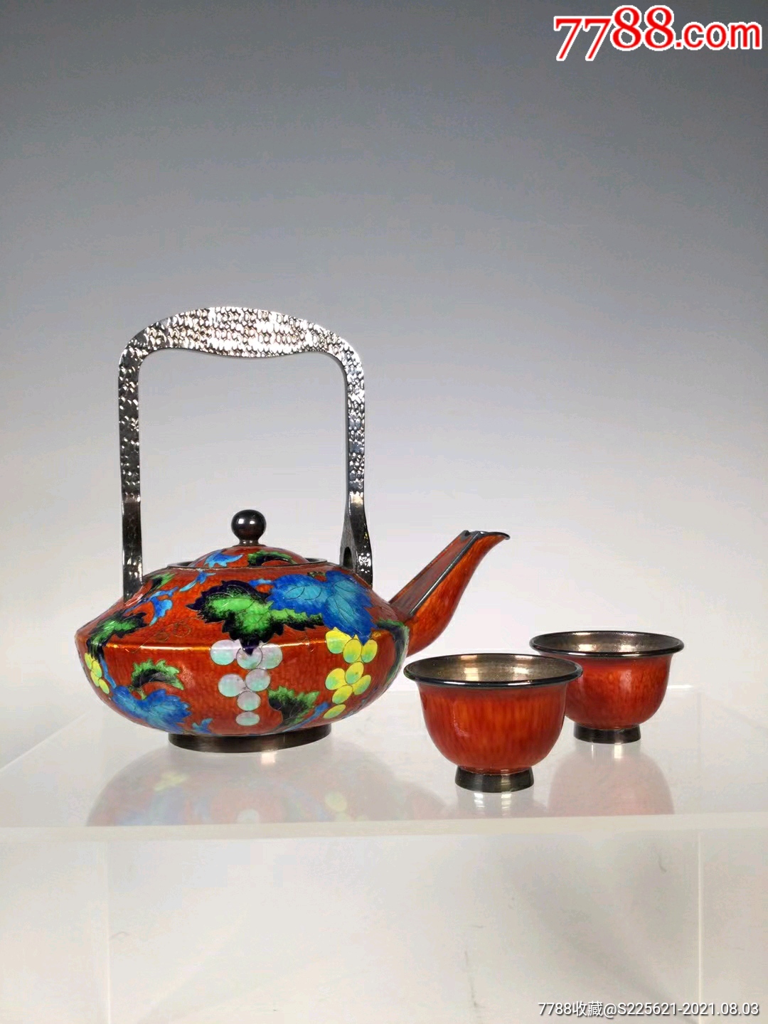 创汇时期纯银掐丝珐琅烧蓝茶具一组