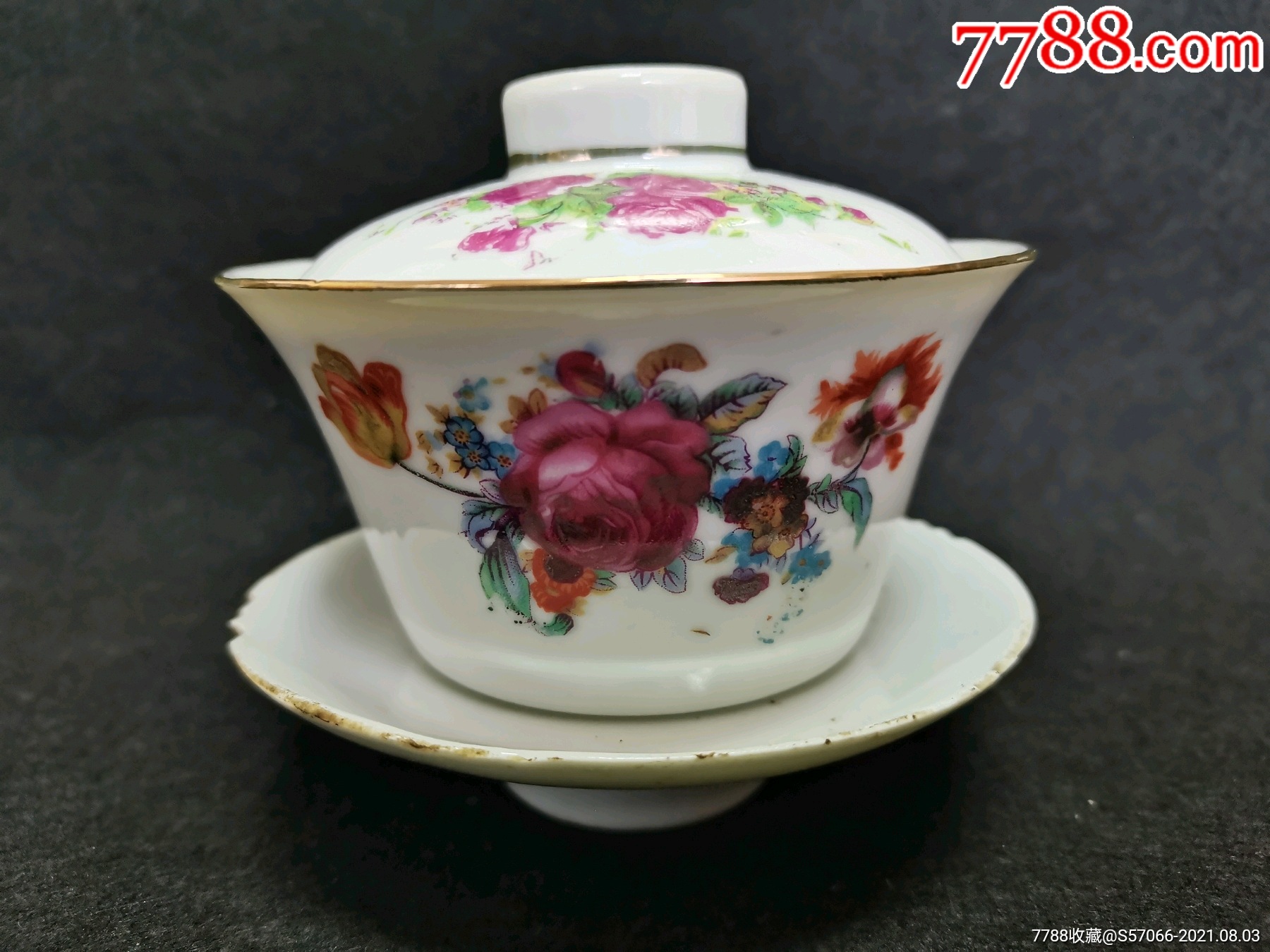 民国印花花卉三才盖碗