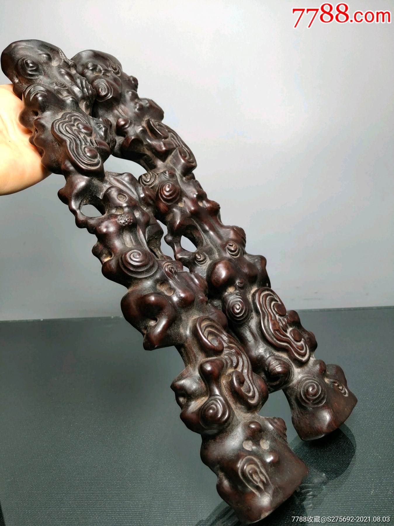 旧藏老黑檀木纯手工雕刻灵芝松枝《寿比南山不老松》书房镇尺一对