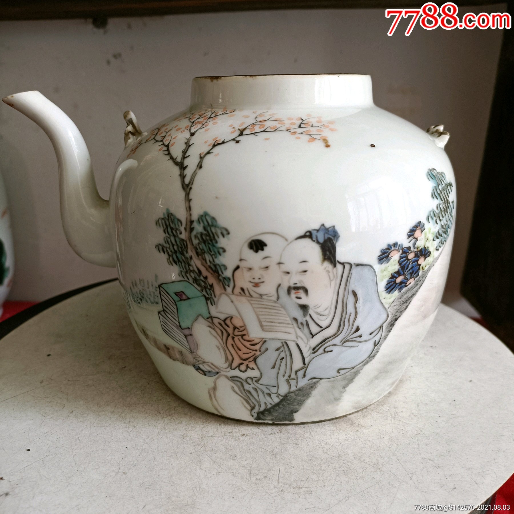 晚清名家方家珍作品浅绛彩人物提梁壶两个壶耳磕嘴尖飞皮如图所示保老