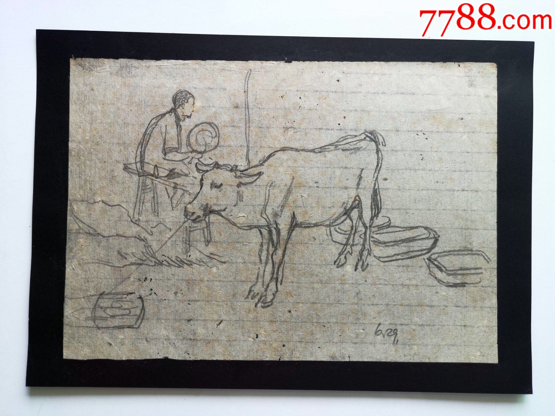 著名摄影家张一群80年代手绘素描速写画稿原作《饲养员和牛》包老包真