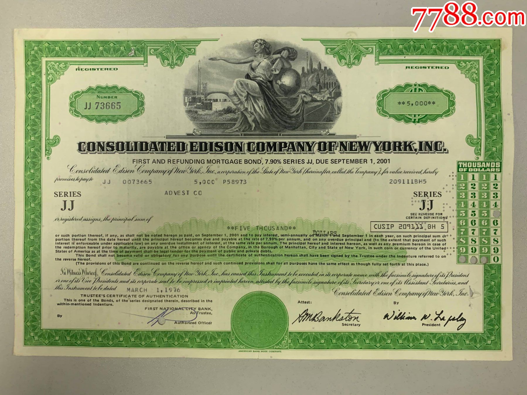 收藏:1976年纽约爱迪生联合电气公司债券jj系列_公债/国债_第1张_7788