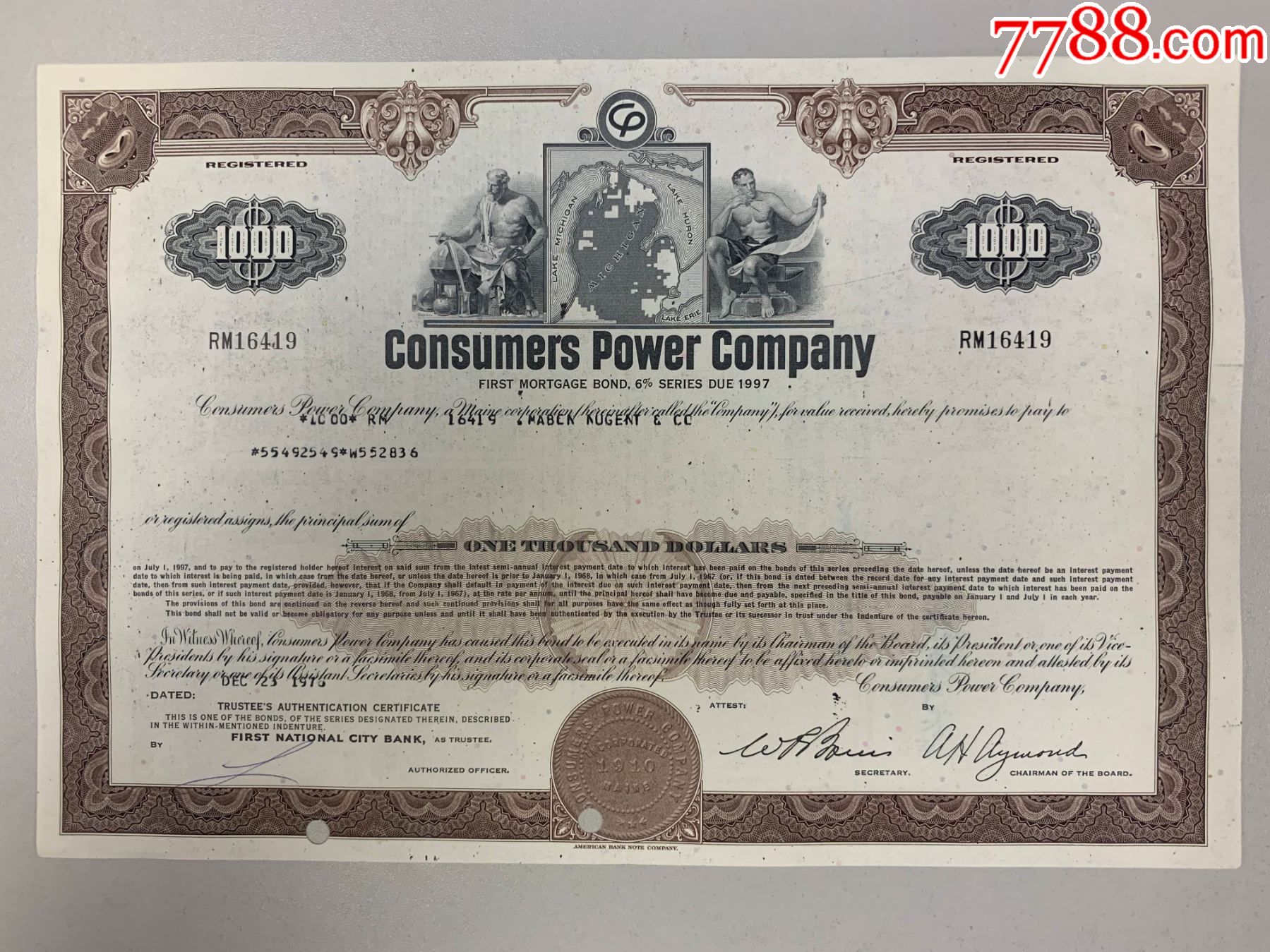 美国债券收藏:消费者电力公司棕色1000美元早期版