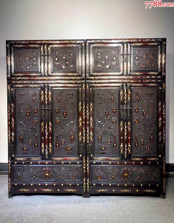 小叶紫檀镶贝壳顶箱柜,满金星牛毛纹清晰,全隼卯结构-其他木艺家具