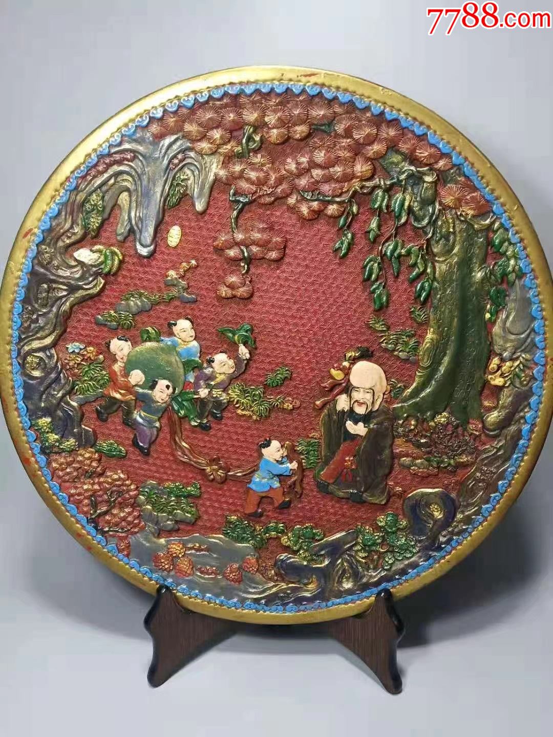 老漆器彩绘描金童子献寿大赏盘送架托