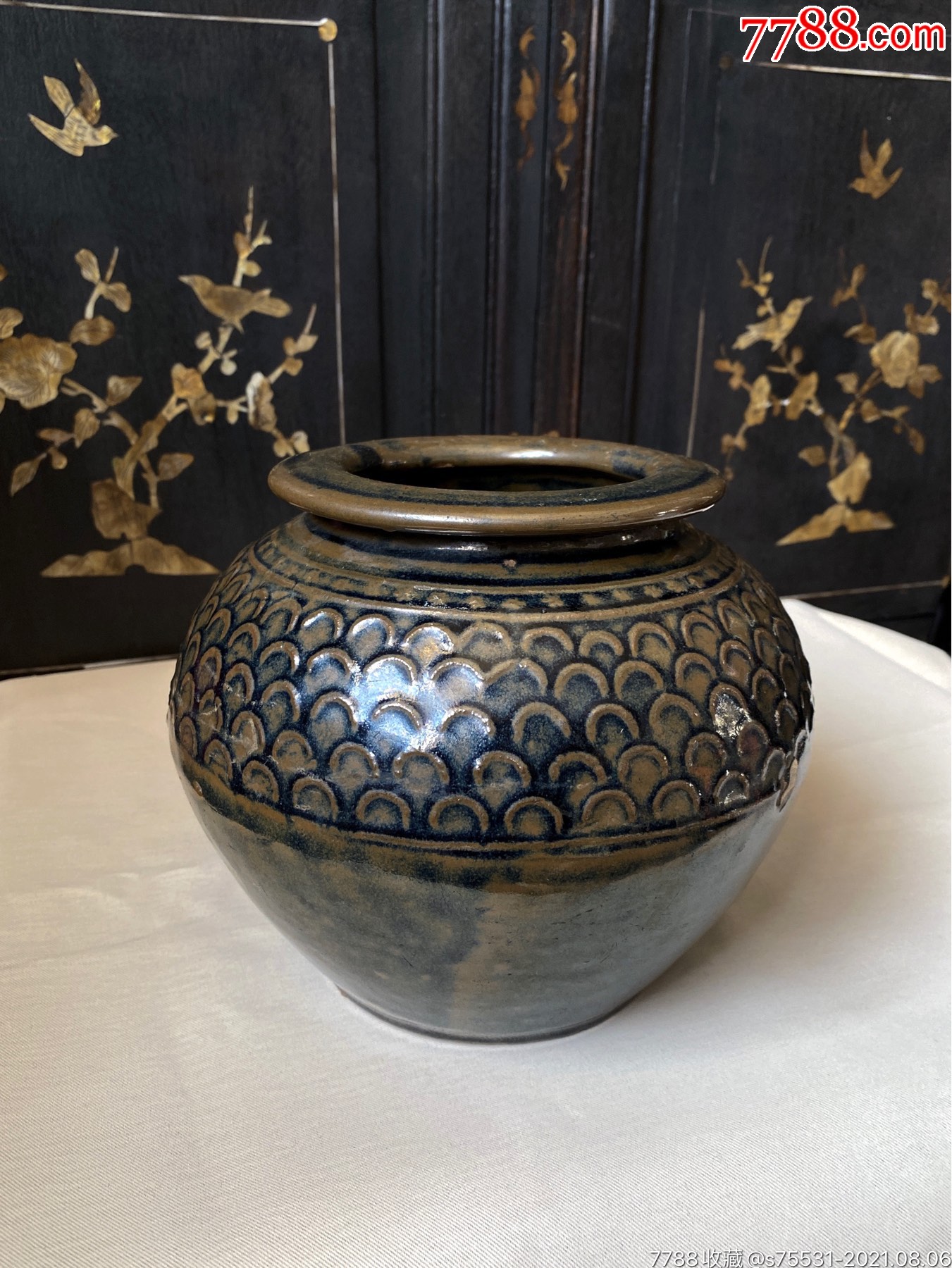 清末淄博窑黑釉小鱼鳞罐酒罐民俗物件
