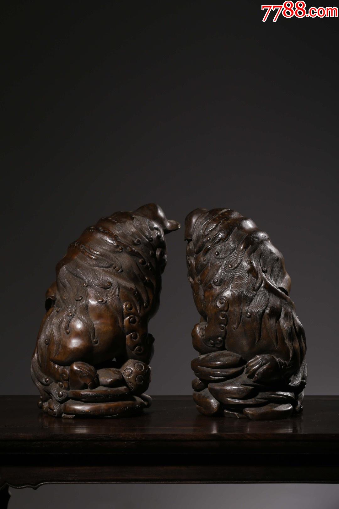 清竹雕太师少狮文房摆件一对