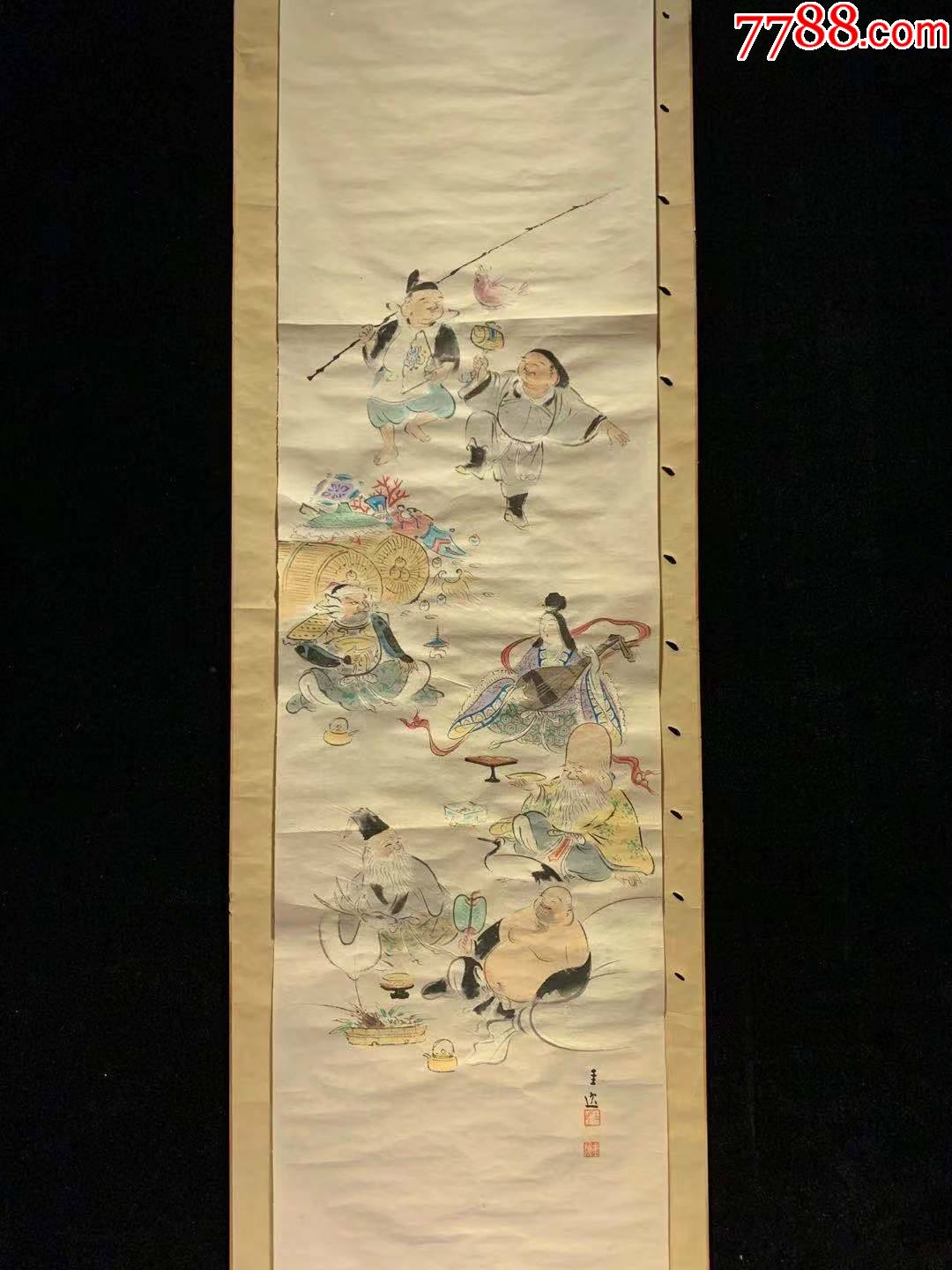 日本回流老字画纸本七福神3468中古真迹书画_人物国画原作_山东文玩【7788商城】
