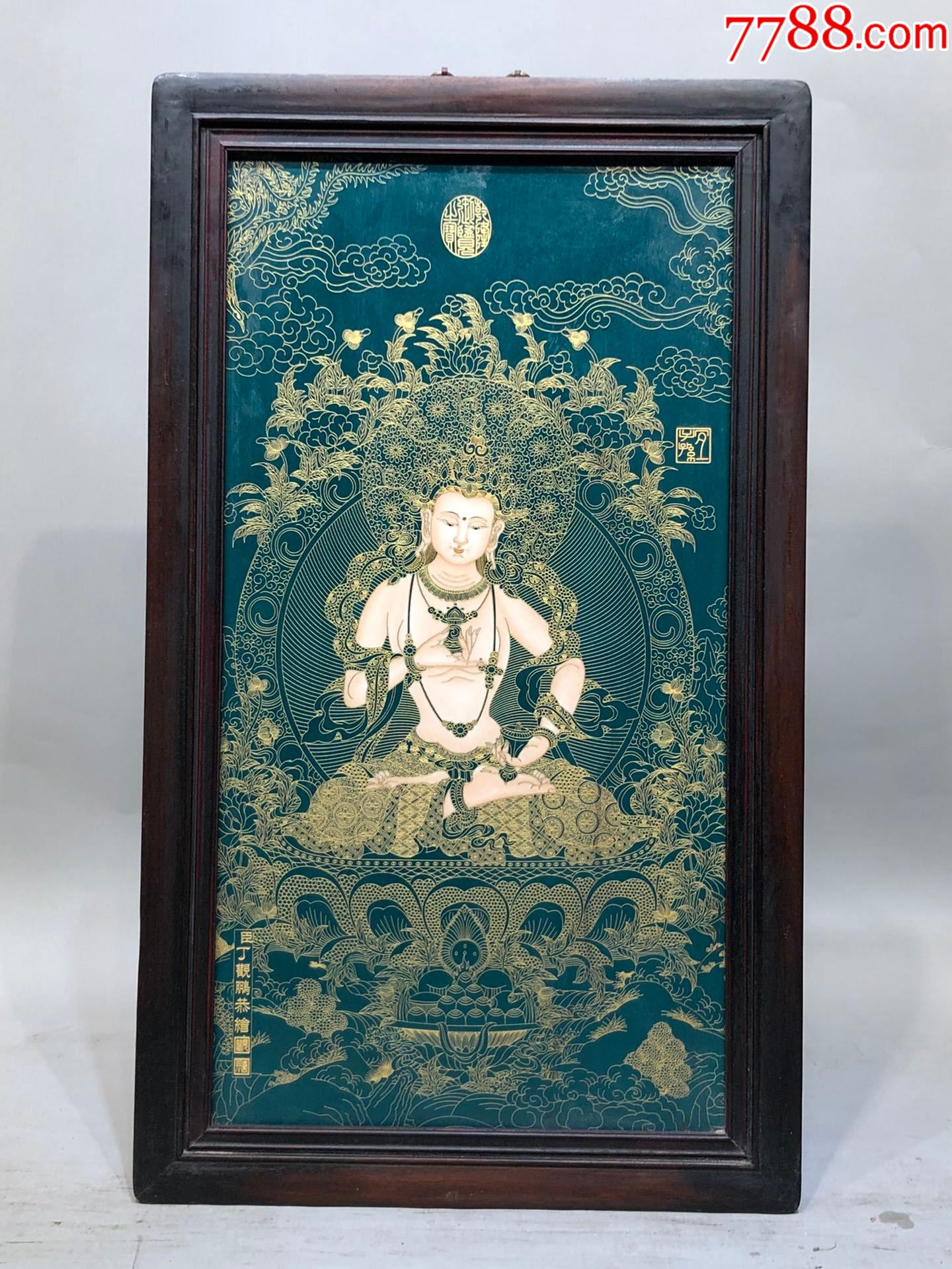 精品丁观鹏小叶紫檀老框镶瓷板画绿底手绘掐金丝珐琅唐卡挂屏