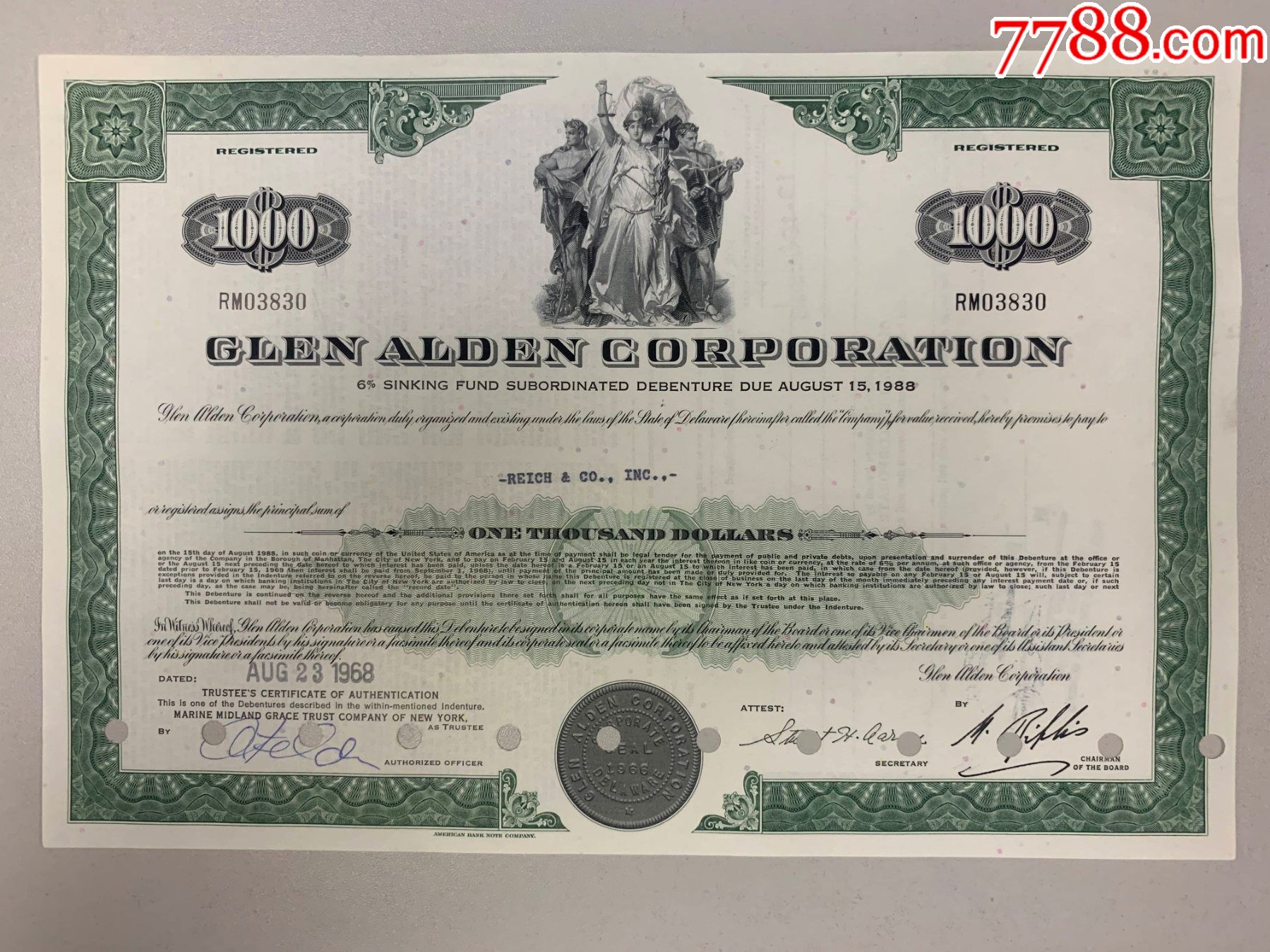 美国债券收藏:格伦奥尔登公司债券绿色1000美元