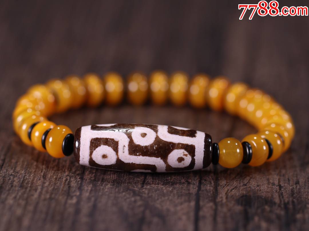 藏传精品至纯九眼天珠蜜蜡算盘珠手串